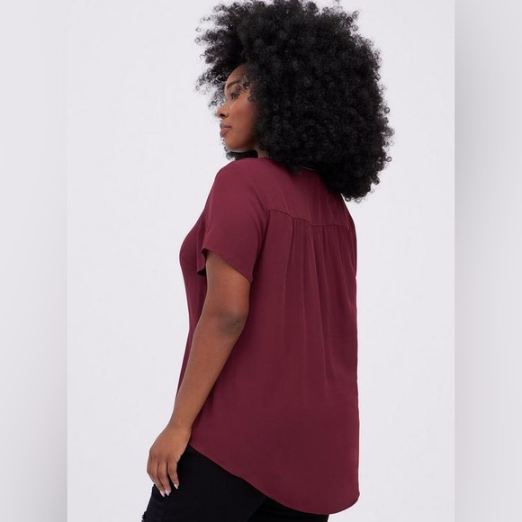 Torrid Georgette Embellished Neck Hi-Low Short Sleeve Blouse - Picture 3 of 9